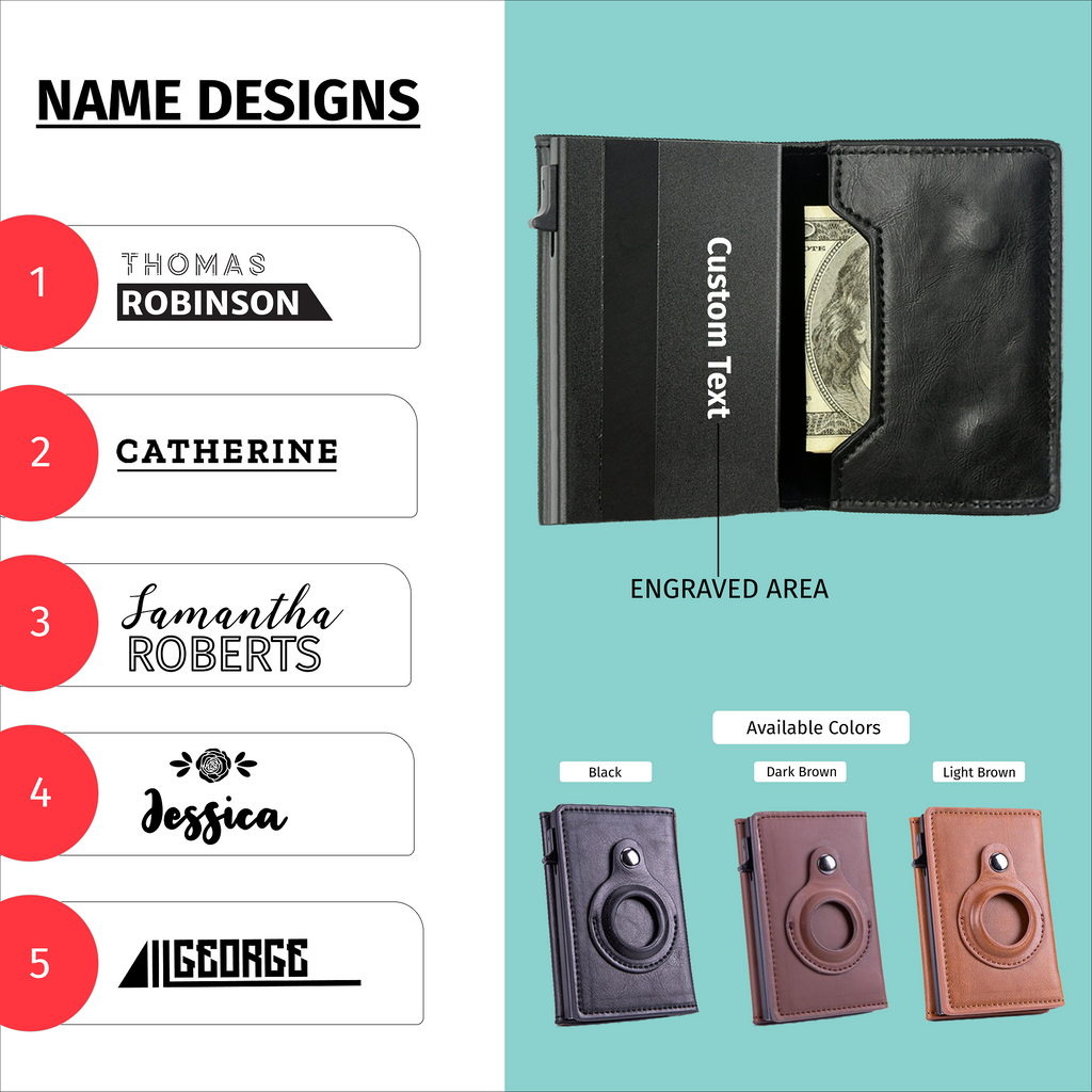 Leather Airtag Wallet with Laser Engraved Designs (Black, Light Brown, & Dark Brown)