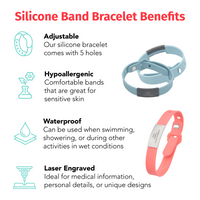 Adjustable Medical Silicone Band Bracelet with 304 Stainless Steel ID Tag (Available in 4 Colors)