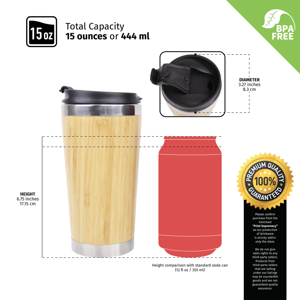 Bamboo Tumbler 16oz - Black  Vacuum Insulated Stainless Steel by